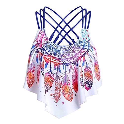Genérico Cruzado con Volantes superpuestos para Mujer Top de baño Acolchado con Tiras y Estampado de Plumas Bañador Piscina Niña