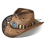 Cowboy Hats for Women & Men Brown Straw Cowboy Hat Wide Brim Western Cowgirl Hats Summer Sun Hat, Brown 04, Medium