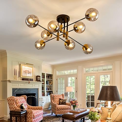 Image of 8 Light Glass Globe Ceiling Light Black and Gold Mid Century Flush Mount Sputnik Light Fixture Bubble Chandelier Living Room Farmhouse for Dining Room Kitchen Bedroom.