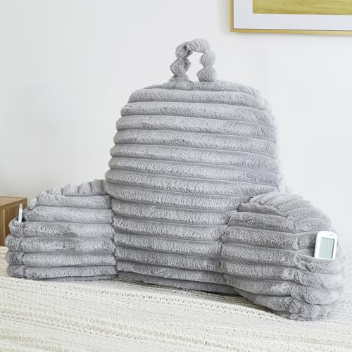 Memfydu Faux Fur Fluffy Gray Reading Pillow with Pockets, Luxury Striped Plush Decorative, Arm Rests and Back Support for Bed Rest, Lounging on Sofa, Extra Large Size for Adult.