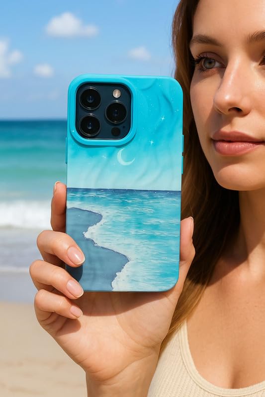 Image of COVERLY for iPhone 14 Plus Aesthetic Ocean Wave Sky Design Mobile Back Case Cover, Luxury Texture Trendy Cute Blue Sea Moonlight Cool Design -Shade 3D Wrinkle Princess Cover for Apple iPhone 14 Plus
