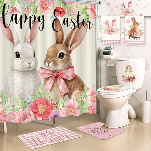 Maasechs 6 Pcs Easter Shower Curtain Set Bunny Bathroom Decor with Waterproof Shower Curtain 72 x 72 Inches Toilet Lid Cover Towel U Shaped Rugs Non Slip Bath Mat Hook for Bathroom