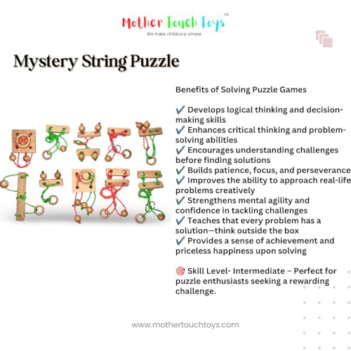 Image of Mother Touch Toys Wooden String Puzzle Set (10 Pcs) with 20 Origami Challenges & 1 Mystery Puzzle | Brain Teaser for Kids & Adults | IQ Logic Games,Cognitive Skill Builder.