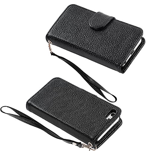 Iphone Se 2016 Case, Iphone 5 Case, Wisdompro Premium Pu Leather 2-In-1 Protective Folio Flip Wallet Case With Card Holder Slot And Wrist Lanyard For Iphone 5/5S/Se 1St Generation -Black With Lanyard #TOP1