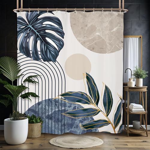 Miyotaa Abstract Blue Shower Curtain Set 60Wx71H Inches Minimalist Aesthetic Modern Contemporary Plant Leaves Neutral Monstera Polyester Waterproof Cloth Bathroom Curtain with 12 Hooks
