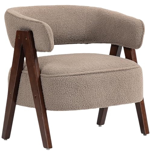 HOMCOM Butaca de Salón Tapizada en Borreguito, Sillón de Lectura Acolchado Grueso y Moderno, Asiento Ancho, Patas de Madera, Respaldo Curvado, para Dormitorio, Oficina, Marrón Claro