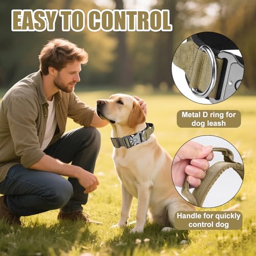 AKOFIC Taktisches Hundehalsband mit Griff, Breites Halsband Hund Gepolstert aus Nylon, Verstellbar Robuster Dog Collar mit Metallschnalle für Mittlere Große Hunde (Dunkelkhaki, M)