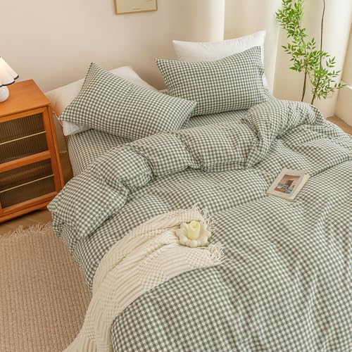 Image of ECOCOTT Green Gingham Duvet Cover King Size 100% Washed Cotton Like Linen Feel Super Soft & Comfy Bedding Set Modern Checkered Design for All Seasons