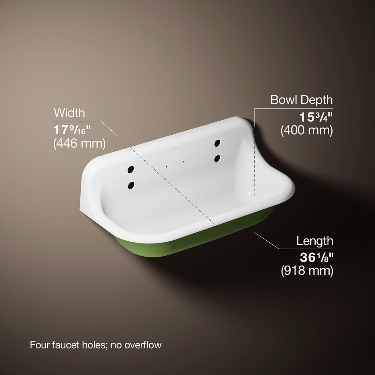 KOHLER Brockway 36" Wall-Mount Utility Sink, Fresh Green Exterior with White Interior, Durable Cast Iron, Scratch-Resistant Enamel Finish, K-3200-PFG-0