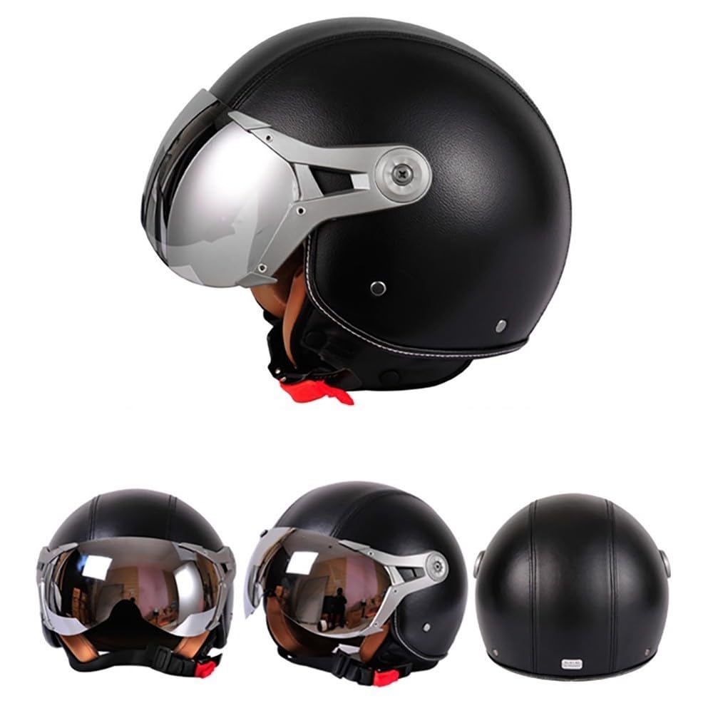 Casco Moto Vintage in Pelle, Casco Jet Classic con Visiera Moto, ECE 22.06 Omologato, Donna Uomo Casco Scooter Chop Ciclomotore retrò Pilota di Moto a Mezza Calotta (57-62cm)