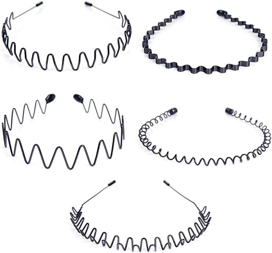 5 Pieces Women Men Black Multi-style Spring Wave Metal and Plastic Hair Hoop Hairband Boy Girl Flexible Headband Accessory-Black