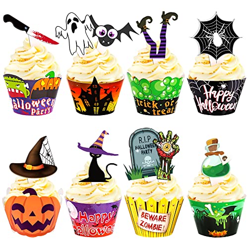 164Pcs Halloween Cupcake Toppers Wrappers - Spider Web Pumpkin Zombie Hand Cake Party Decorations Supplies #TOP30
