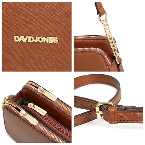 David Jones - Damen Kleine Umhängetasche - Frau Handytasche PU Leder - Ketten Handtasche Tasche mit 3 Fächern - Elegante Schultertasche Crossbody Bag Shopping Abend Party Trend - Braun Cognac – Bild 6