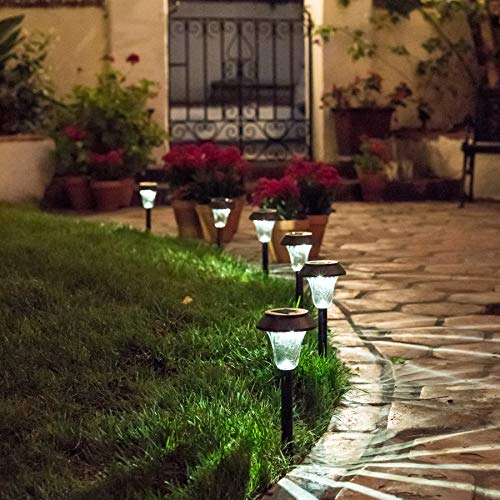Enchanted Spaces Bronze Solar Path Light, Set of 6, with Glass Lens, Metal Ground Stake, and Extra-Bright LED for Garden, Lawn, Patio, Yard, Walkway, Driveway
