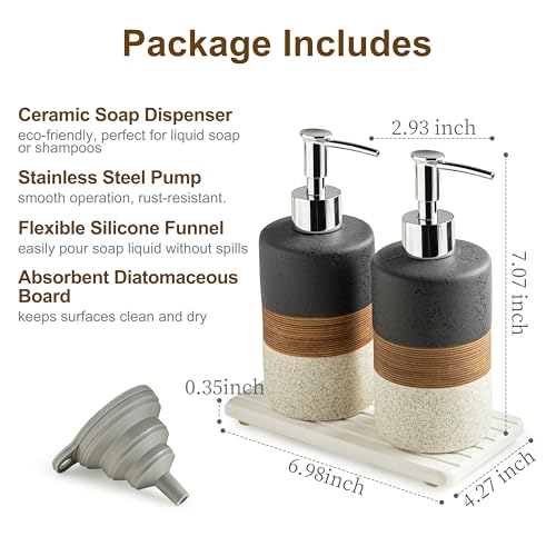 Image of Ceramic Dish Soap Dispensers Set of 2 for Kitchen and Bathroom | Hand Soap and Lotion Dispenser Set, Shampoo and Conditioner Bottles | with Stainless Steel Pump, Silicone Funnel, Tray, Black