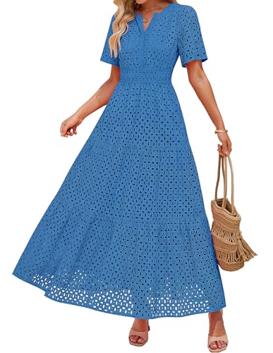Image of ZESICA Women's 2026 Summer Short Sleeve Maxi Dress Casual V Neck Hollow Out Eyelet Ruffle Swing A Line Long Dresses