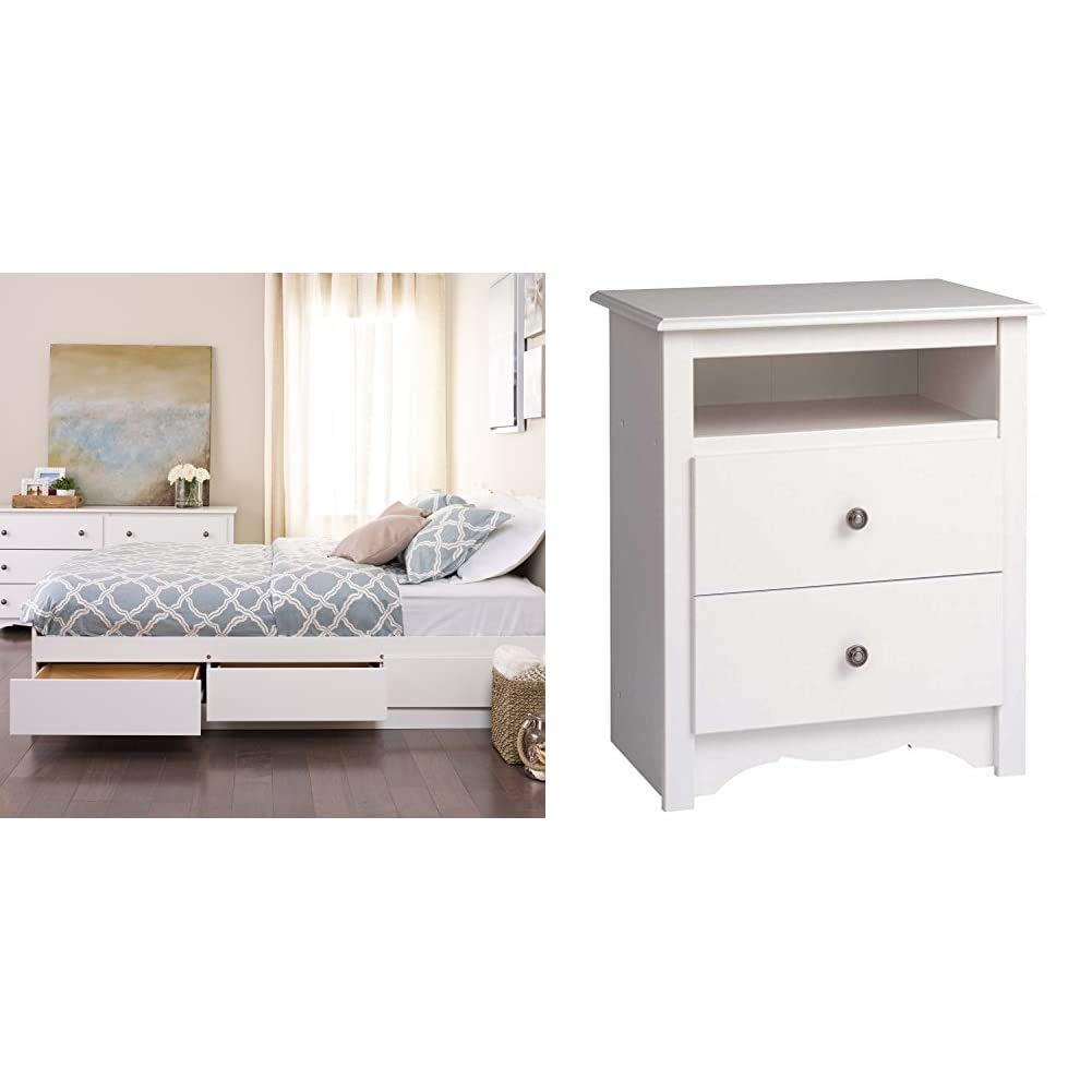 Prepac Mate's Platform Storage Bed with 6 Drawers, Queen, White & Monterey White 2-Drawer Tall Night Stand