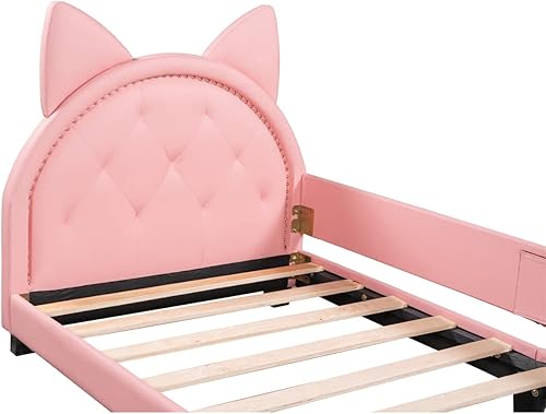 Miniatura 6 de Marco de sofá cama de tamaño individual con cabecera en forma de orejas de gato para niños y niñas, cama de plataforma doble de piel sintética con