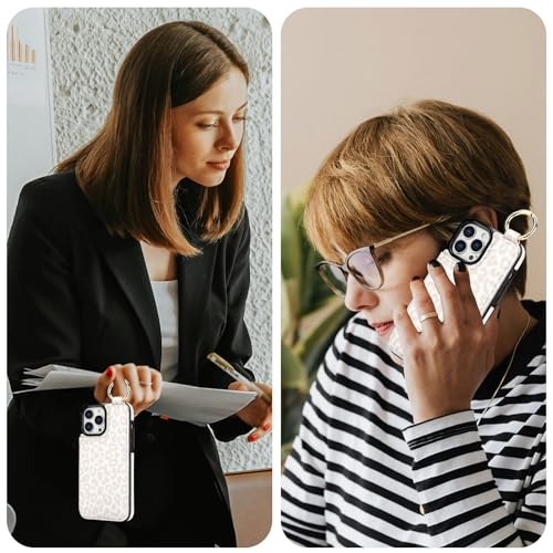 Image of HAOPINSH for iPhone 13 Pro Max Wallet Case with Card Holder, White Leopard Cheetah Print Back Flip Folio PU Leather Kickstand Card Slots Case, Finger Grip Ring Double Magnetic Clasp Shockproof 6.7 inch