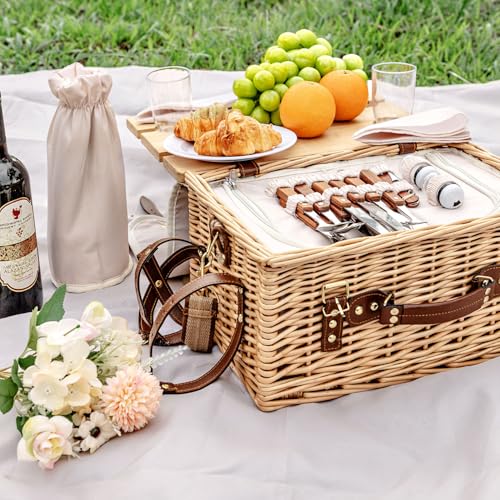 Image of Multifunctional Wicker Picnic Basket Set for 4 Blanket Family Folding Wine Table,Insulated Portable Extra Big Storage Capacity Natural Woven Rattan Canasta De Full Tablewares Camping Outdoor Flowers