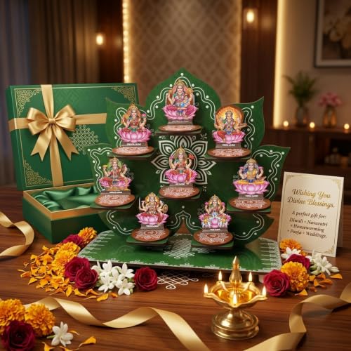 Image of Ashtalakshmi MDF Idol Set with Detachable Display Stand | 8 Lakshmi Idols with Separate Bases | Pooja Mandir Decor for Varalakshmi Vratam, Diwali and Housewarming(Green)