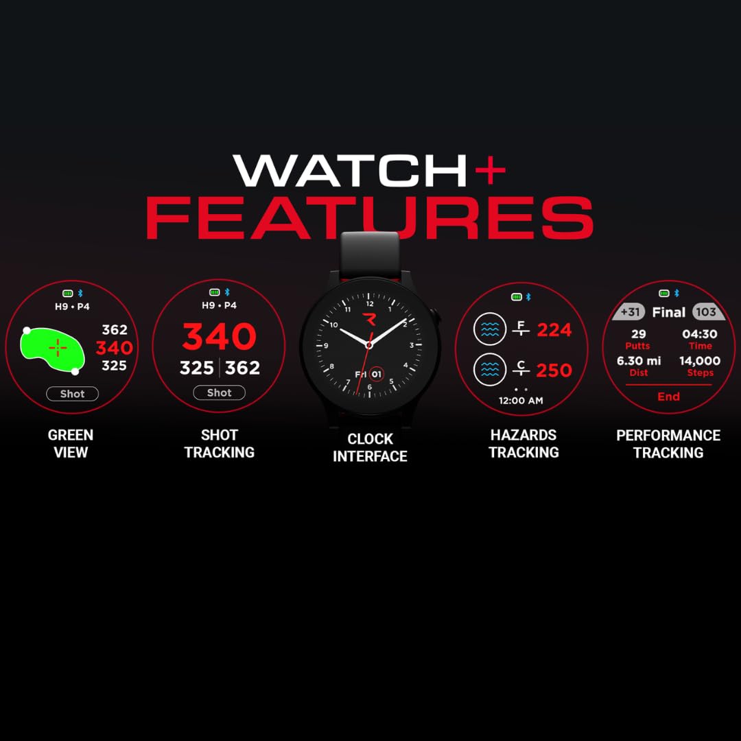 Rad Watch+ Montre GPS de golf avec suivi de tir, vue verte, positionnement dynamique des broches, étanchéité IPX7 et plus de 40 000 parcours