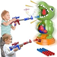 Fygurso Bewegliches Dinosaurier Schießspielzeug mit 2 Luftpumpenpistolen, Zielschießspiele mit LED Punktzahl, Licht und Ton, 24 Schaumball Kinder ab 3 4 5 6 7 8 9+ Jahre Spiele Geschenk für Junge Grün