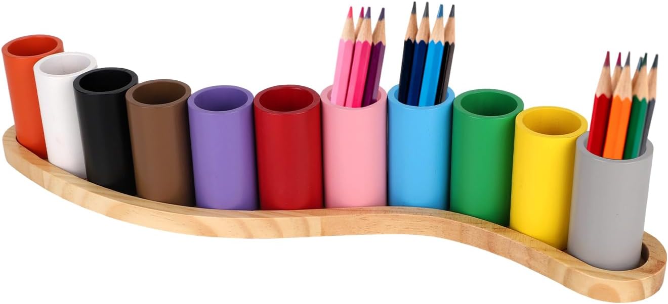 Wooden Colored Pencil Holder, Crayon Organizer with 11 Colorful Cups Pencil Storage Box with S-Shaped Base for Children Office School Supplies
