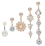 Hanpabum 5Pcs 14G Surgical Stainless Steel Dangle Belly Button Rings for Women Girls CZ Navel Rings Body Piercing Jewelry (B:Rose-gold Tone)