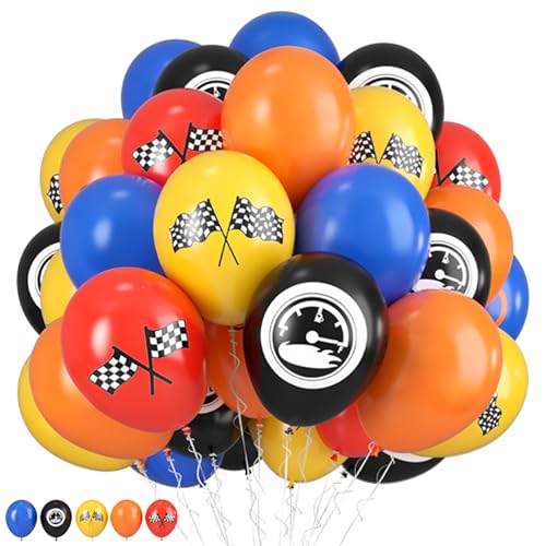 Image of Race Car Balloons, 12 Inch Blue Black Yellow Orange Red Checkered Flag Car Balloons for Boy Race Cars Themed Birthday Graduation Baby Shower Backdrop