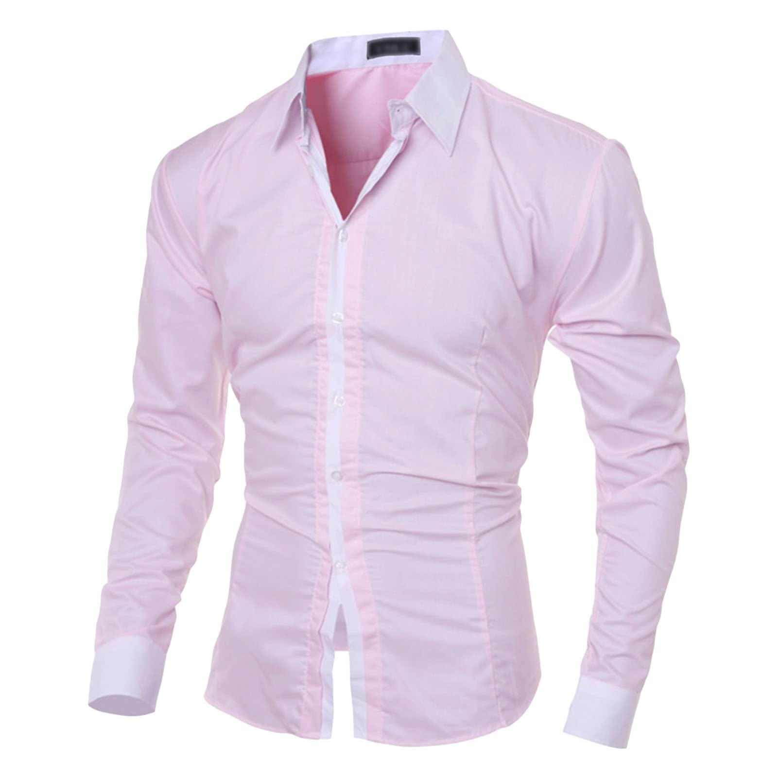 Men Lightweight Casual Classic Dress Shirt Stylish Solid Button Down Shirts Patchwork Slim Fit Long Sleeve Shirts (Pink,XX-Large)