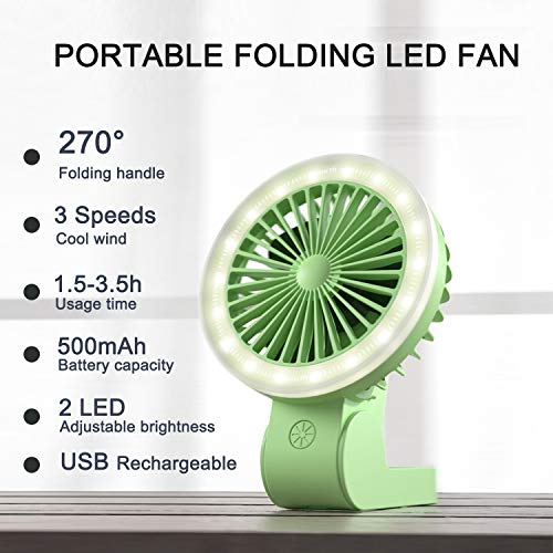Mini Handheld Fan With LED light, Mini Portable Fan, Sansent 3 Speed Adjustable Usb Personal Desk Fan With Usb Rechargeable Battery Operated,small Outdoor Fan Can Put In Cloth Pocket (Green)