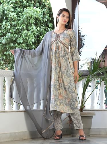 Image of G4Girl Aliya-Cut Kurti Pant With Dupatta For Women's (Grey)