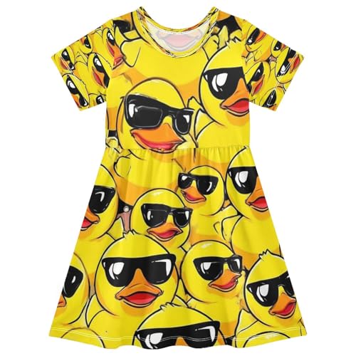 Girls Summer Dress Short Sleeve A Line Cool Ducks Wearing Shades Casual Dresses for Kids 2-8 Years - Main Image