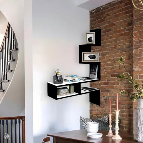 Dime Store Wooden Wall Corner Hanging Shelves for Living Room Stylish Zig Zag Home Decor Floating Display Rack Storage Organizer Unique Design (Modern, Black & White)