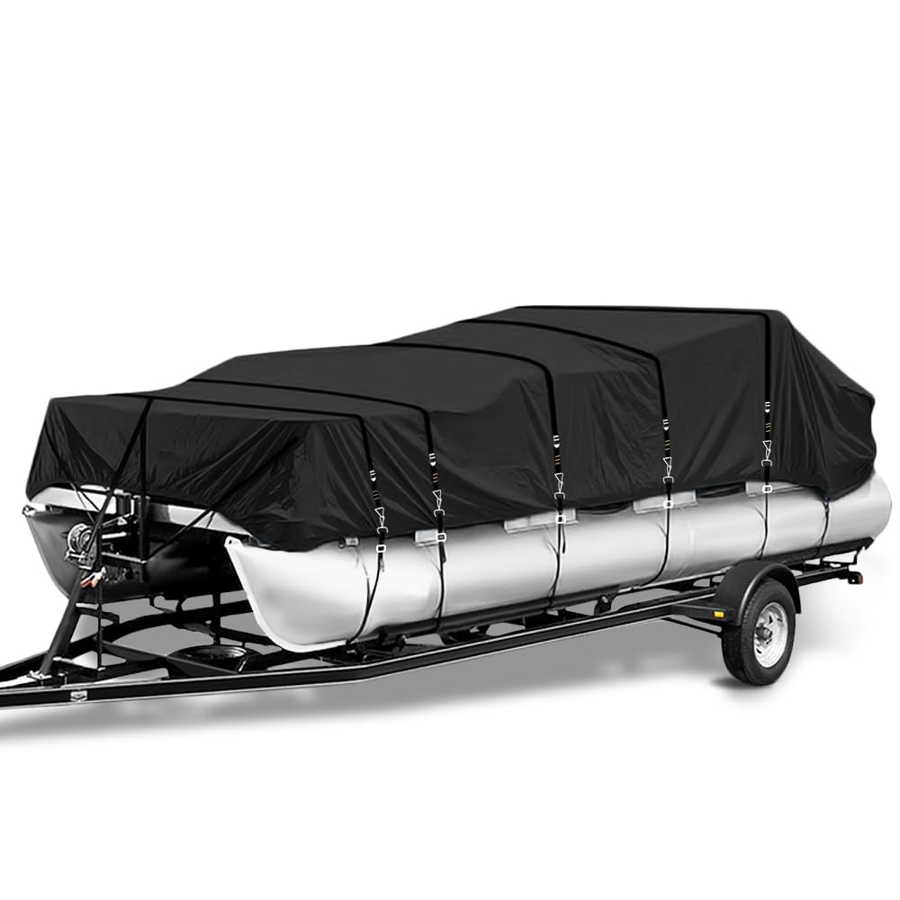 1200D Heavy-Duty Pontoon Boat Cover, Metal Windproof Buckle Straps Waterproof Fade and Tear Resistant Trailerable UV-Proof Pontoon Covers Fit 25ft-28ft Long (Black)