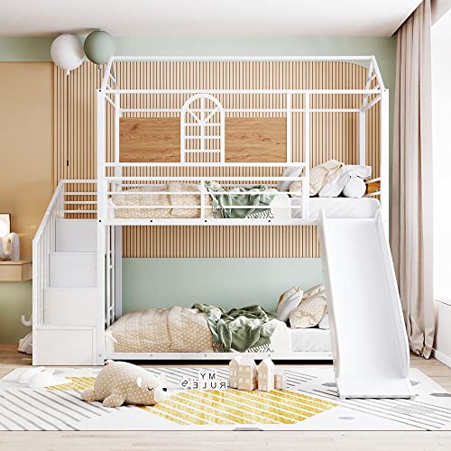 Merax Twin Over Twin Metal House Bunk Bed With Slide And Storage Stair, No Box Spring Needed, White #TOP29