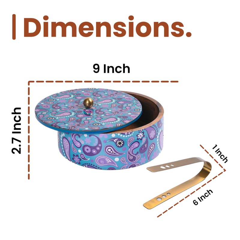 Image of Wooden Chapati Box for Kitchen - Casserole for Roti with Stainless Steel Brass Lid | Wooden Chapati Box with 1 Tong | Traditional Kitchen Organizer - Purple (Printed)