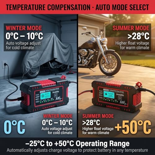 Image of inveXo 12V 6A Smart Car Battery Charger | Car, Bike, Truck | Automotive Trickle Charger, Battery Maintainer & Desulfator with Temperature Compensation | Suitable for Lead Acid, AGM, GEL, SLA Batteries