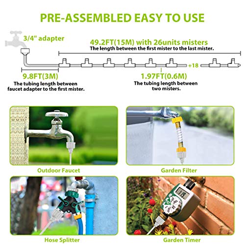 Outdoor Patio Misting System Pre-assembled - Misting Line 59FT(18M) with 26 Brass Mist Nozzles, Outdoor Misters for Patio, Fan, Garden, Greenhouse, Trampoline for waterpark - 3/4\'\' Adapter, White