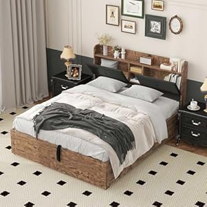 Azkoeesy Lit double avec coffre de lit, 2 tiroirs en métal, tête de lit de rangement, tête de lit rembourrée en cuir PVC, cadre de lit en métal, grain de bois vintage (140 x 200 cm)