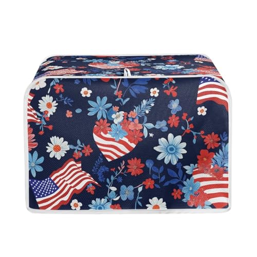 Image of American Flag Eucalyptus Flower 2 Slice Toaster Dust Cover with Top Hook Toaste Oven Dust Protection Cover for July 4th Independence Day Decor