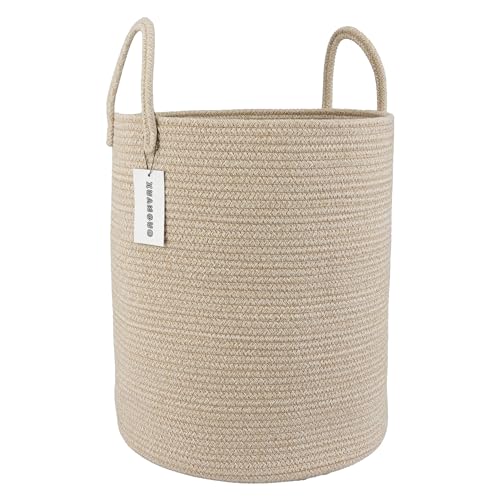 Image of XUANGUO Cotton Rope Laundry Basket Hamper for Clothes Woven Storage Basket for Living Room Bedroom Boho Tall Rope Baskets for Blanket Toys Pillow Towels Baby Nursery Hamper Bin oatmeal