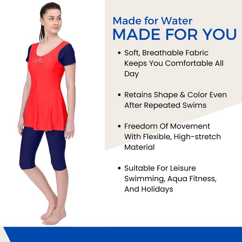 Image of Originals Swimming Costume for Women's One-Piece Beach Wear with Sleeve & Skirted 3 /4 Leggings Maximum Covered Swim Wear Dress (L - 7XL)