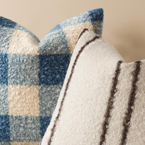 Image of Foindtower Pack of 2 Soft Faux Fur Boucle Throw Decorative Pillow Covers Fuzzy Accent Striped Cushion Sherpa Boho Farmhouse Pillowcase for Couch Sofa Bed Living Room Home Decor 18x18 Inch,Ivory