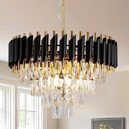 Image of Modern Ceiling Lamp 4-Tier Round Crystal Chandelier for Living Room | Bluetooth Remote Control and Moving Round| Speaker+ Multi Color LED Light (Remote Black Gold, 500MM)