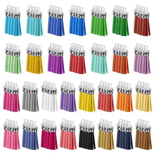 BOUBONI 120 Pack Leather Keychain Tassels Charms Silver White Cap Multicolor Tassels for Jewelry Keychain Making Bracelets Craft Supplies (Multicolor 38mm)