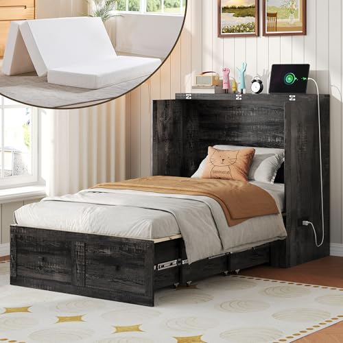 Image of LUXOAK Twin Murphy Bed with 6 inch White Tri-Fold Memory Foam Mattress, Storage Drawer & Charging Station, Space-Saving Design for Home Office or Guest Room, Black Oak