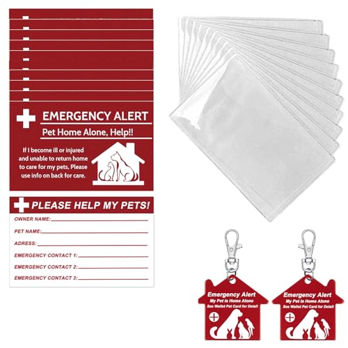 10 Pcs My Pet is Home Alone Emergency Contact Wallet Card Writable with 10 Pcs Sleeves and 2 Pcs Emergency Alert See Wallet Pet Card for Detail Keychain Tag