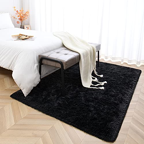 Espiraio Black Shaggy Rugs for Bedroom Living Room, Super Soft Fluffy Fuzzy Area Rug for Kids Baby Nursery, Modern Indoor Plush Carpet for Home Decor, 5x8 Feet Floor Furry Rugs for Children Dorm Rug - Afbeelding 6